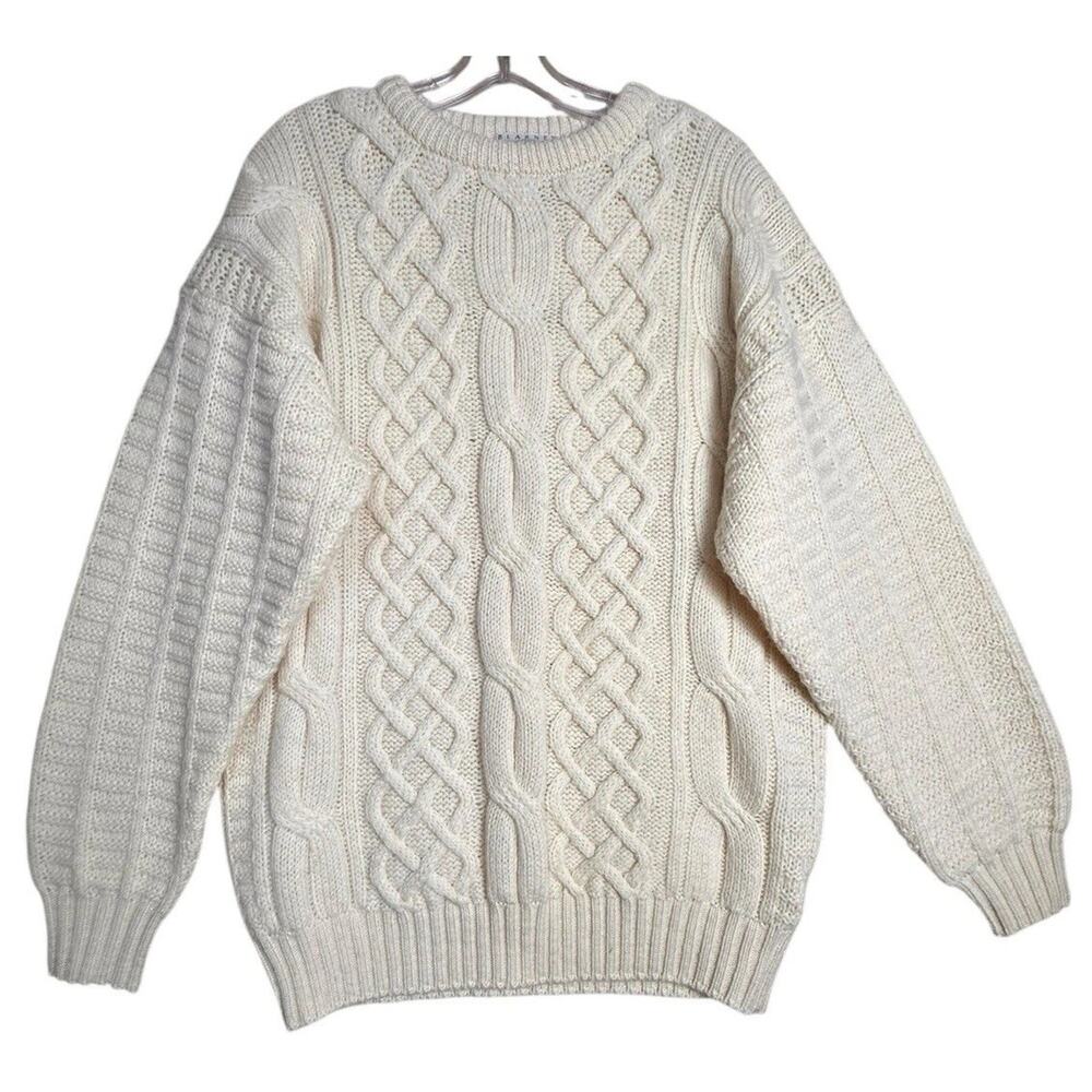 Classic Cream Fisherman Cable Knit Sweater 100% Wool